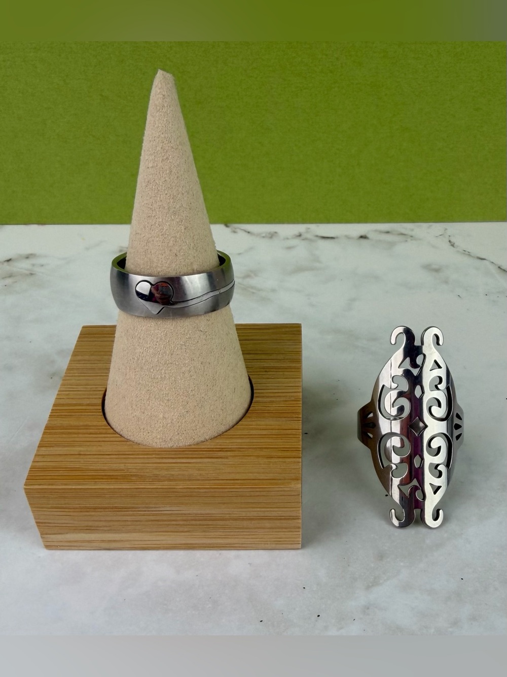 Lot of 2 Stainless Steel Rings Brushed Heart Band & Filigree Cutout Band Size 10